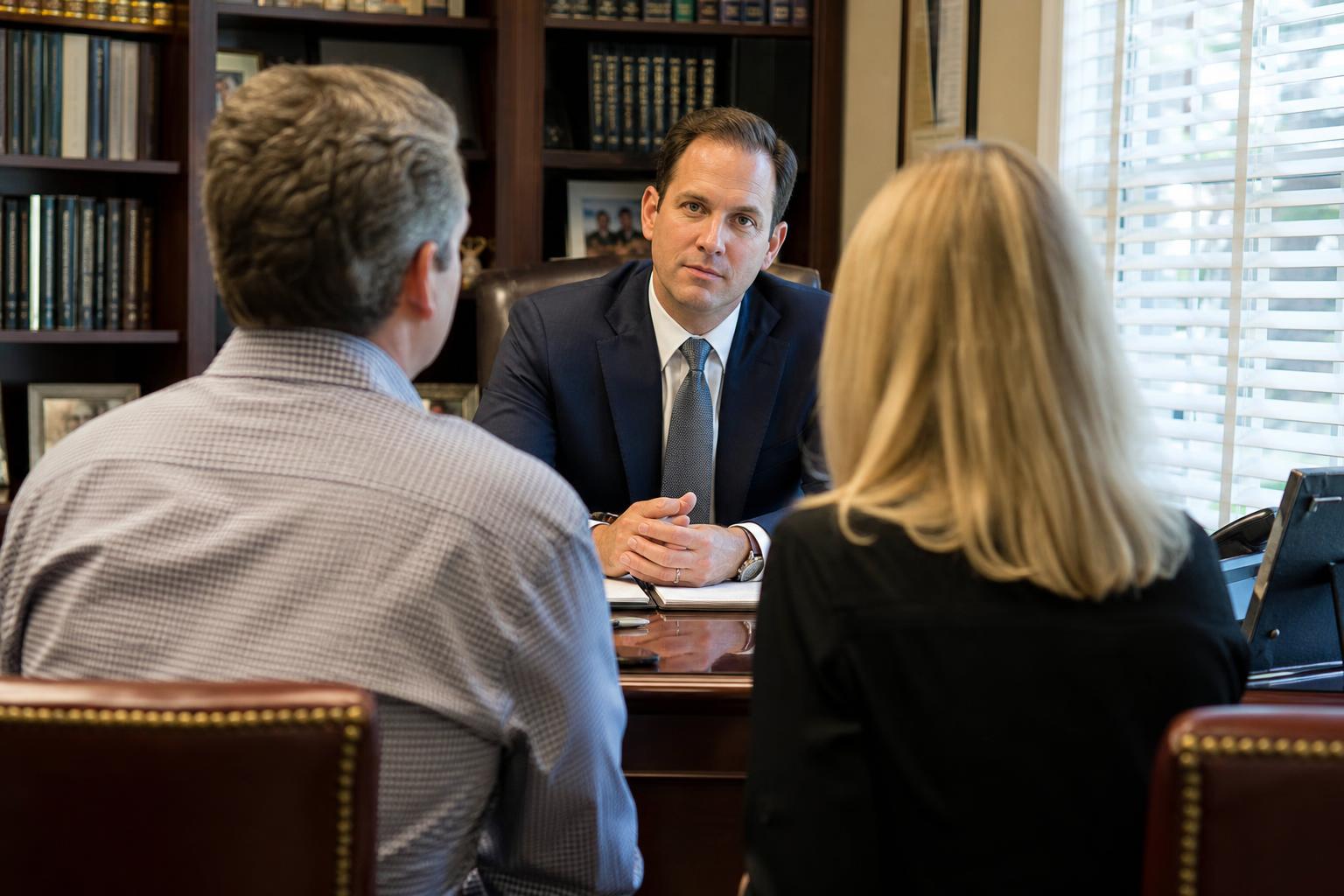 Attorney listening attentively to clients in a warm boutique law office