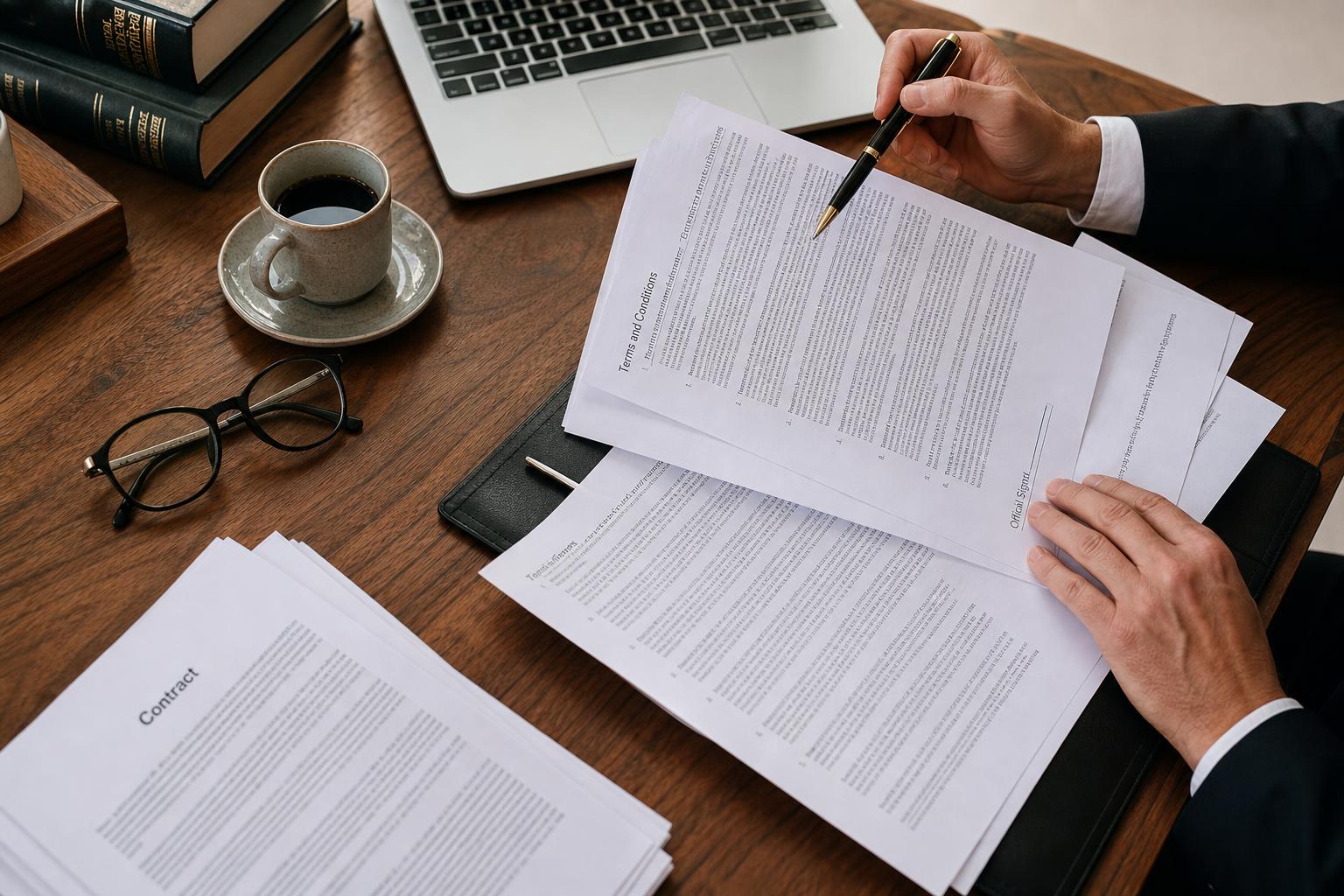 Hands reviewing legal documents on a polished wooden desk beside a laptop and coffee