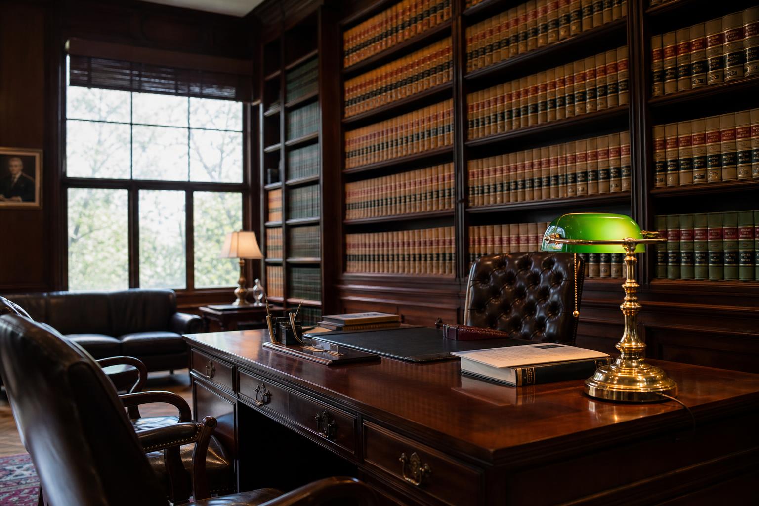 Classic law firm library with rows of leather-bound legal books