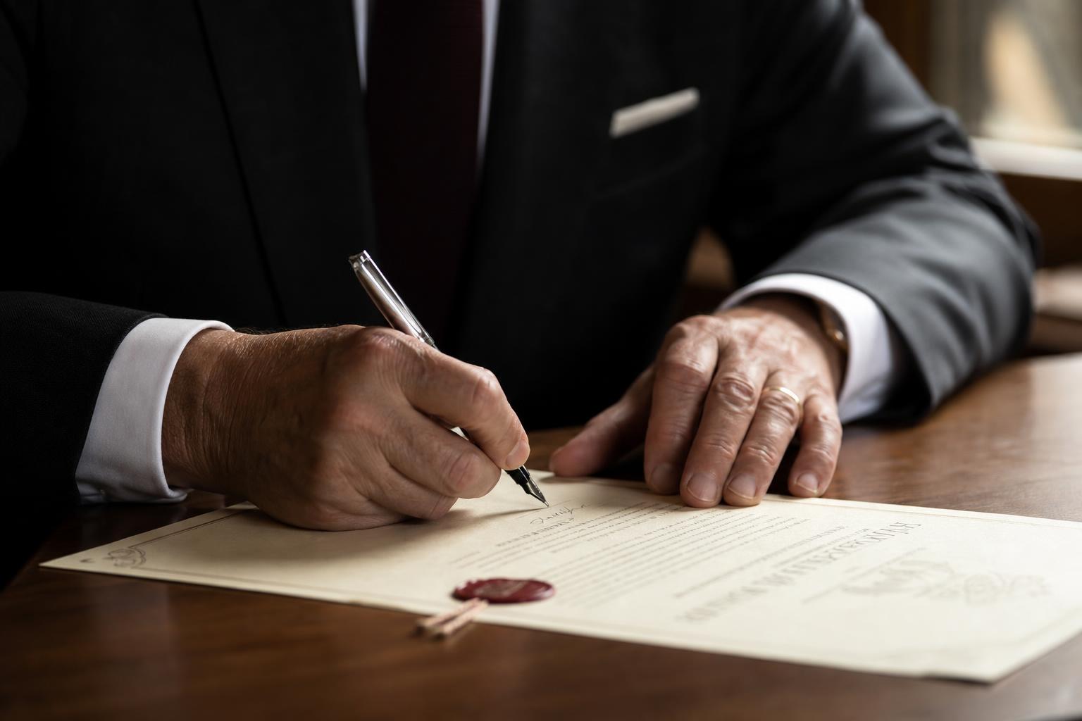 Hands signing a formal legal document with an elegant pen